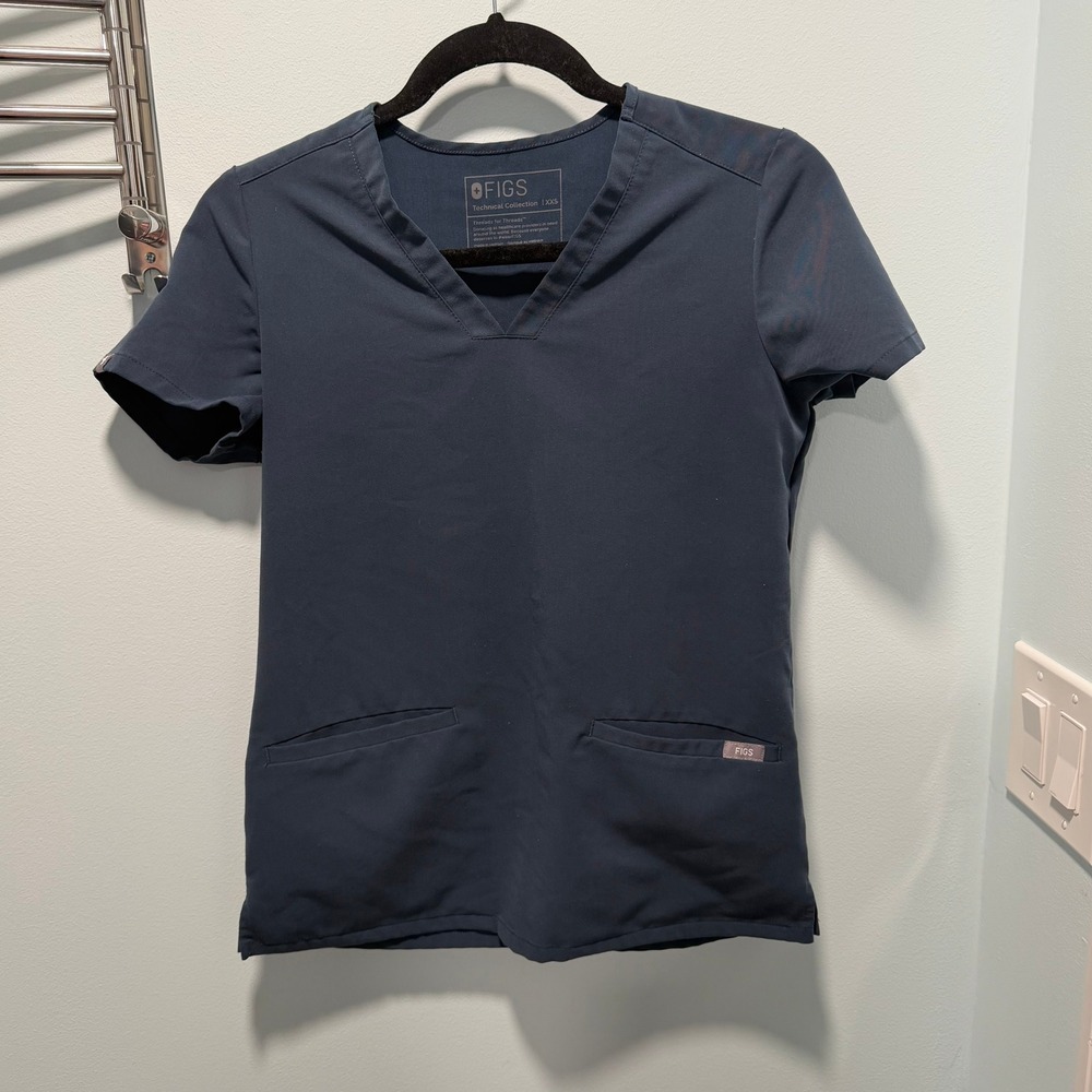 FIGS Technical Collection Scrub Top Navy Blue V-Neck XXS Short Sleeve‎ Womens